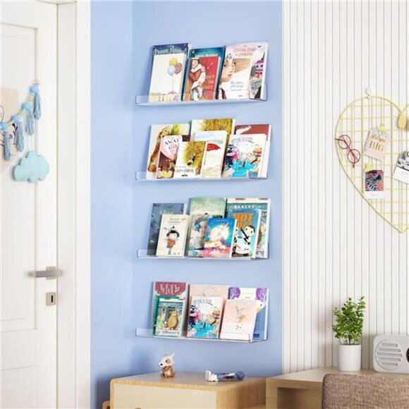 2 Pack Acrylic Shelves for Wall Storage, 15" Floating Bookshelves for Kids - Picture 6 of 7